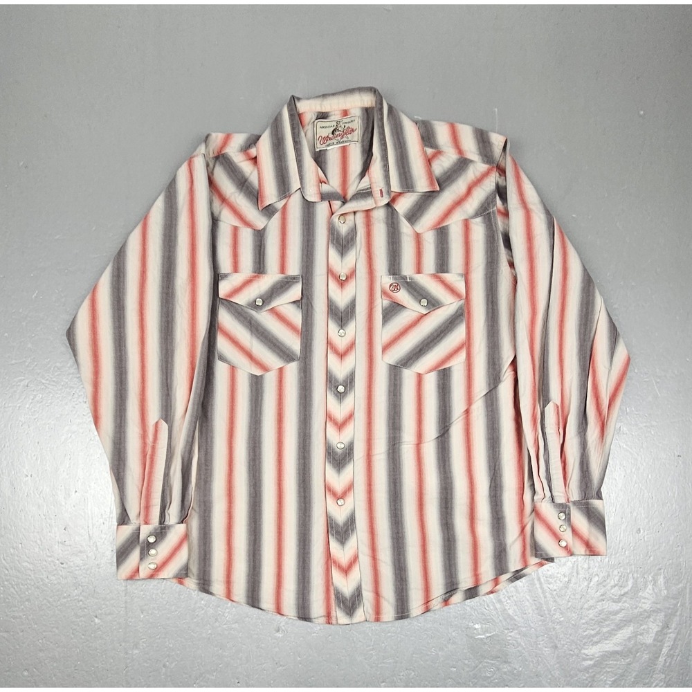 VTG 70s Wrangler Pearl Snap Shirt Mens XL Red Gray Ombre Striped Western Cowboy